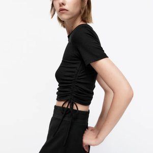 Zara Ruched Ribbed Top in Black - NWT